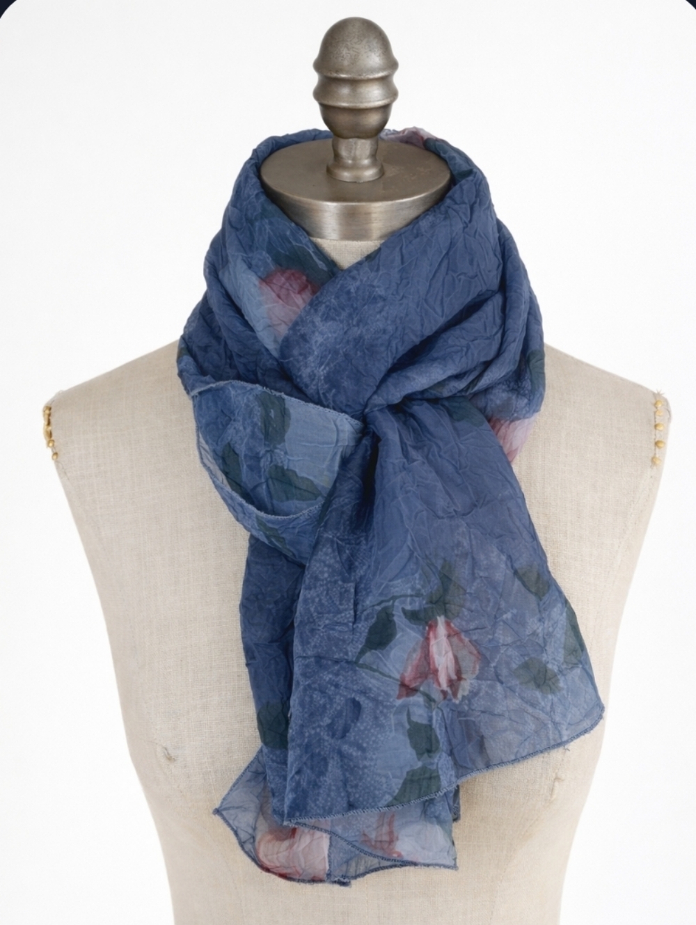 Blue Floral Chiffon Scarf | Sheer Crinkle Watercolor Floral 58" x 13"